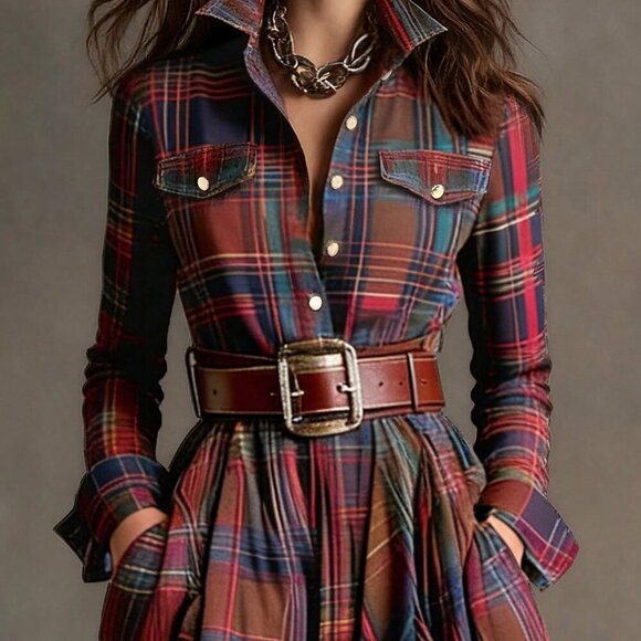 Brown Elegant Women's Plaid Shirt Dress with Cinched Waist - Picture 2 of 5
